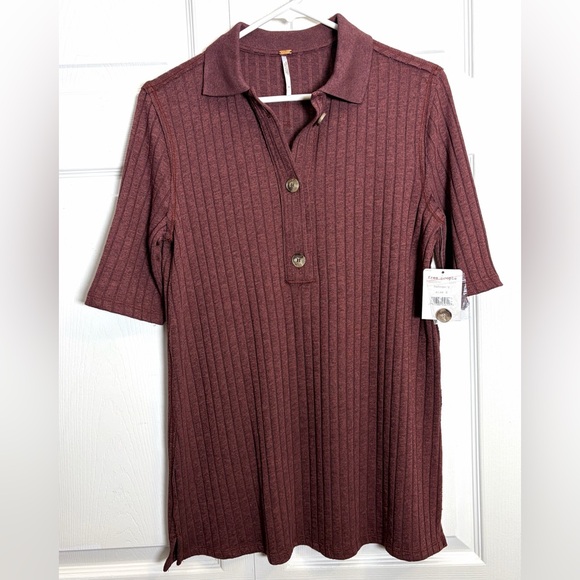 Free People Knit Top Heart Strings Short Sleeve Ribbed Shirt Mahogany Size Small - Picture 3 of 10